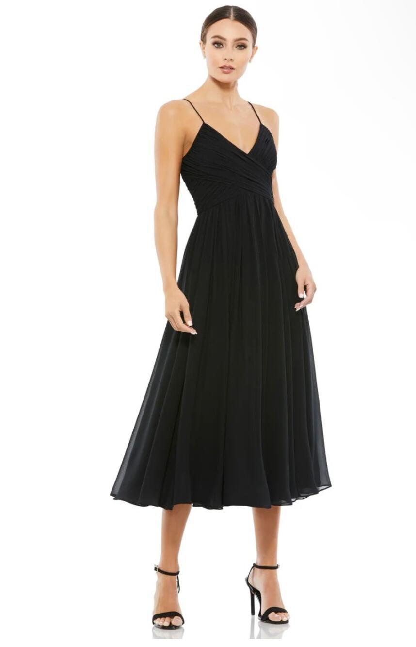 Ieena Mac Duggal Black Faux Wrap Sleeveless Flowy Midi Dress Sz Small NWT #70099